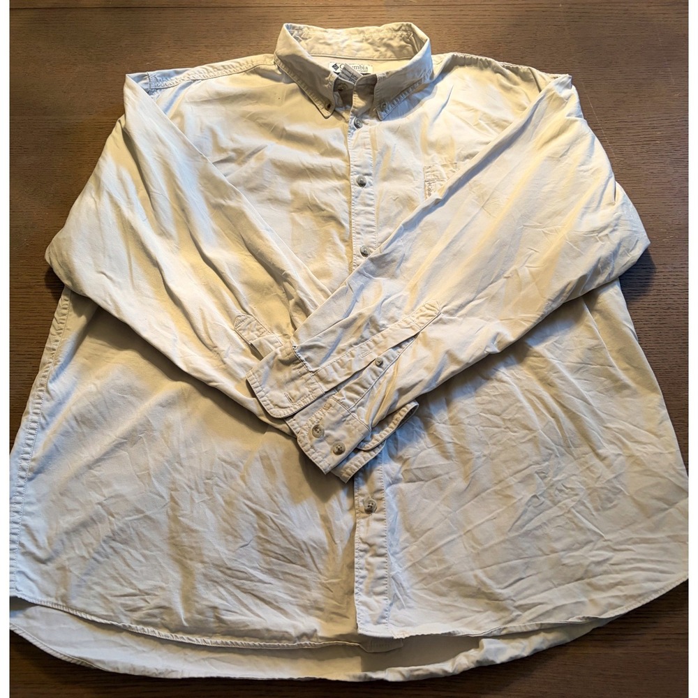 Columbia Mens Khaki Tan Cotton Twill Long Sleeve Button Down Shirt AM7221 Large